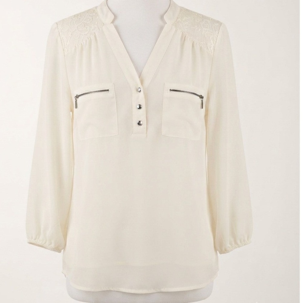 Hollywould Cream Lace Shoulder Zipper Pocket Blouse Womens XL Ivory Long Sleeve